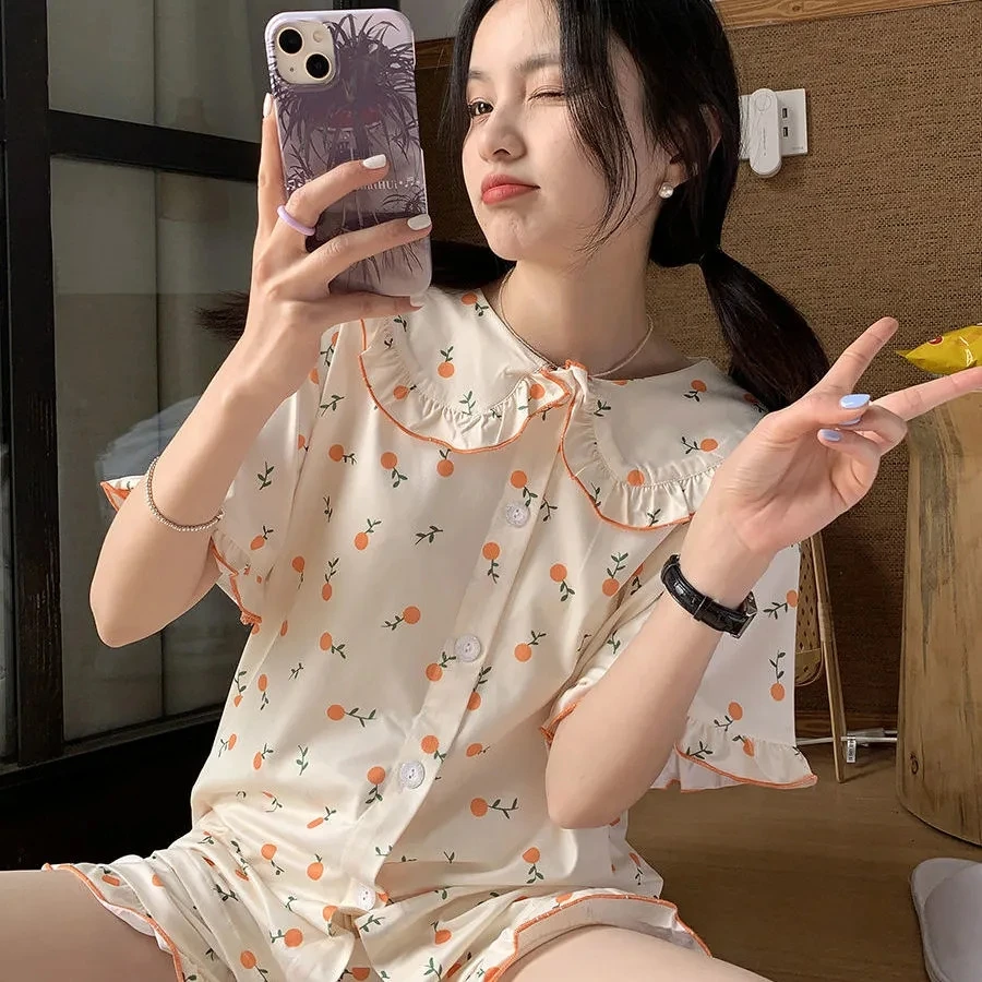 CAIYIER Cute Watermelon Girls Sleepwear Summer Short Sleeve Shorts Nightwear Korean Soft Kawaii Pijamas Set Women Lounge Wear