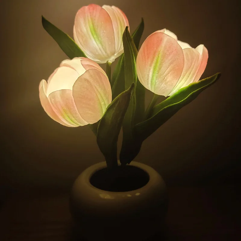 Led tulip flowerpot lamp pink tulip simulation flowerpot ceramic led atmosphere night light decorative ornaments