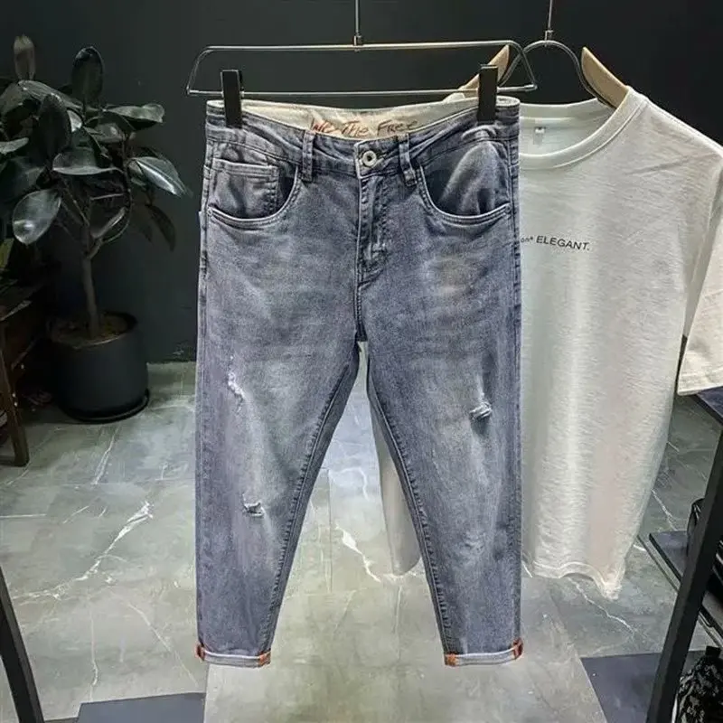 Spring and Summer New Mens Jeans High End Trendy Brand Printed Micro Harlan Feet Pants Korean Version Trendy Crop Pants for Men