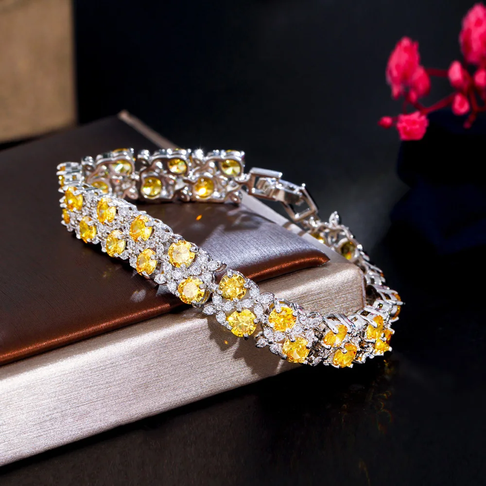 

ThreeGraces Luxury Shiny Yellow Cubic Zirconia Leaf Flower Shape Bridal Wedding Party Bracelet for Women Fashion Jewelry BR239