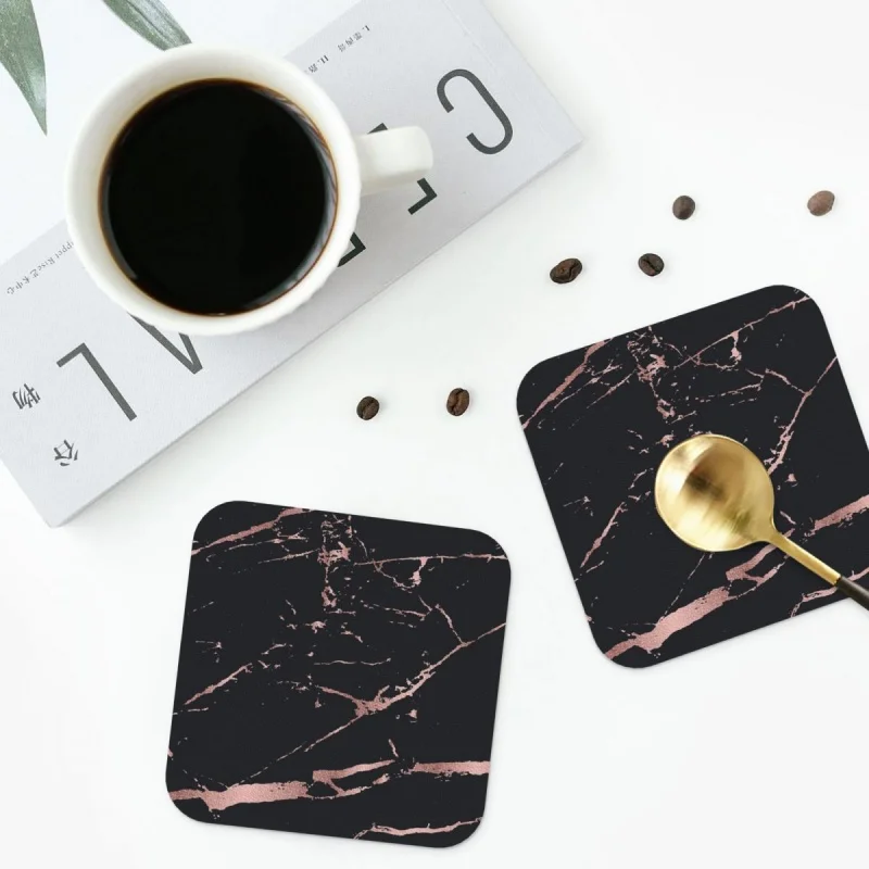 

Black And Rose-gold Faux Marble Stone Image Coasters Leather Placemats Insulation Coffee Mats Kitchen Dining Pads Set of 4