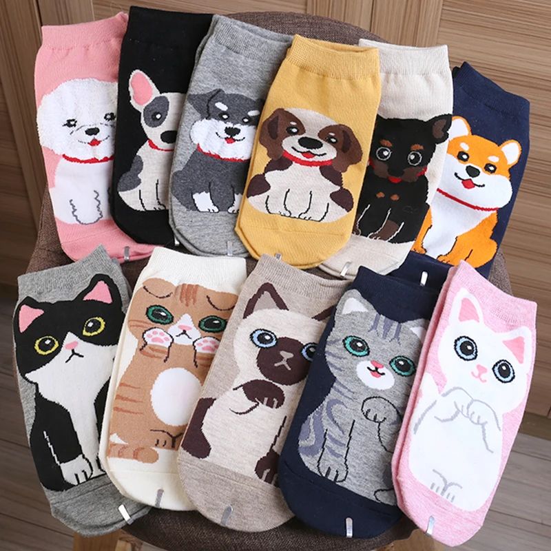1/5Pairs Cotton Short Sock Cartoon 3D Cat Dog Print  Animal Socks Harajuku Kawaii Women Girls Anklet Socks Breathable Casual Sox