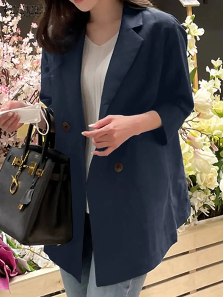

ZANZEA Elegant Women Lapel Neck 3/4 Sleeve Blazer Suits Autumn Casual Loose Outwear Summer Fashion Cotton Cardigan Thin Coats