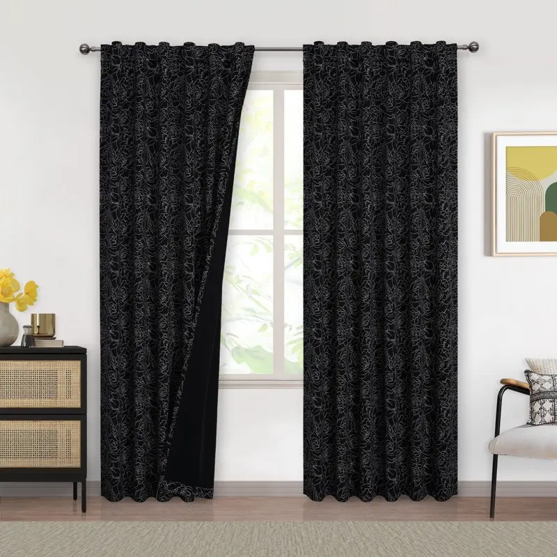 

Blackout Floral Curtains 84 inch length 2 panels set for Bedroom, Black Flower Patterned Thermal Insulated Window Drapes Back Ta