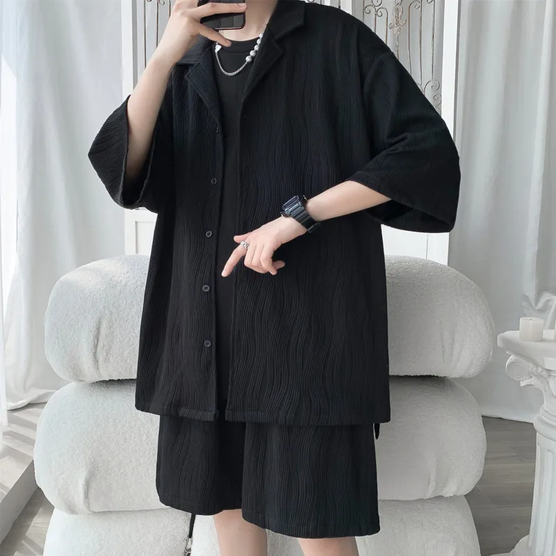 Summer Pleated Sets Men Fashion Casual Short-sleeved Shirt Shorts Two-piece Men Korean Loose Ice Silk Sets Mens Short Sets M-5XL