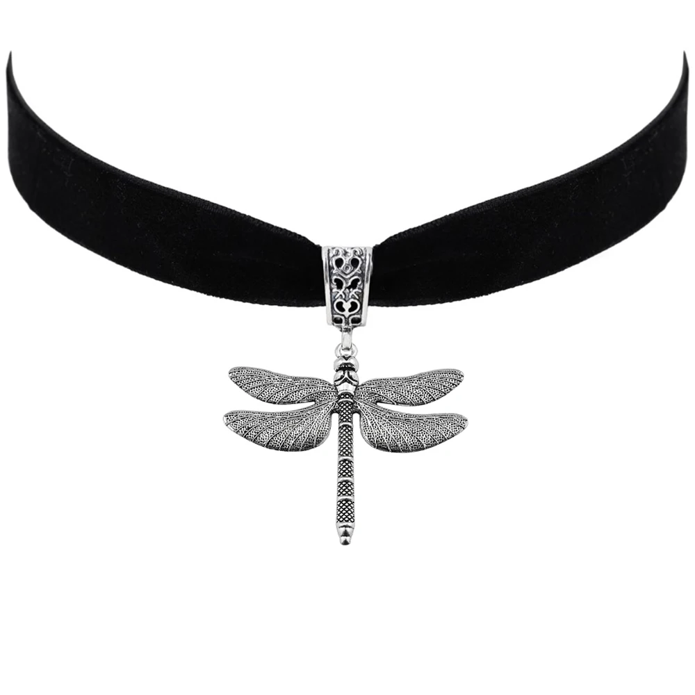 

Large Dragonfly Charms Choker Necklace Gothic Antique Silver Color Animals Pendant Black Velvet Necklaces Jewelry For Women Gift