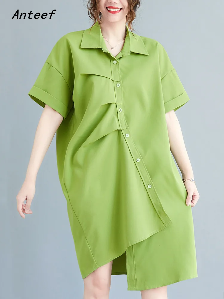 

Anteef short sleeve cotton vintage dresses for women casual loose midi summer shirt dress elegant clothing 2022