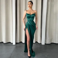 sexy mono satin evening dress for woman spaghetti straps high slit green prom gown sleeveless floor length robe de soriee femme
