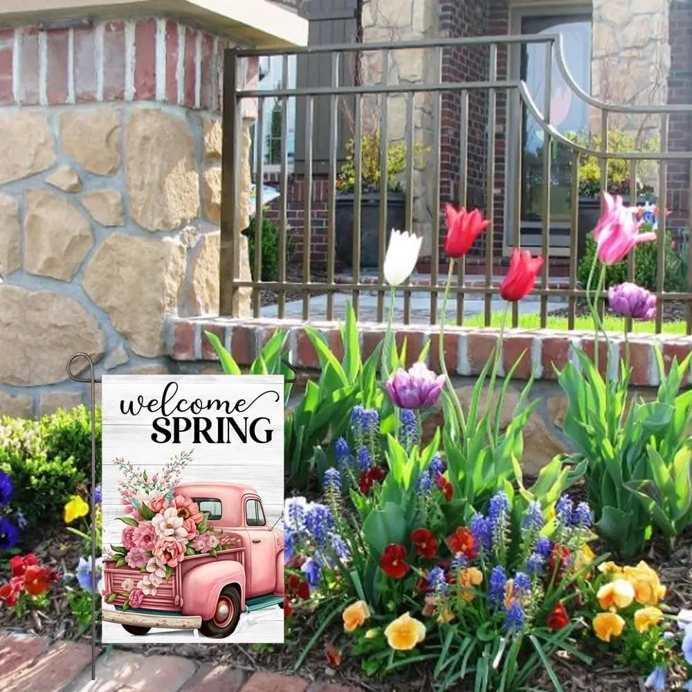 Добро пожаловать весенний розовый грузовик садовый флаг для улицы 12x18 дюймов
