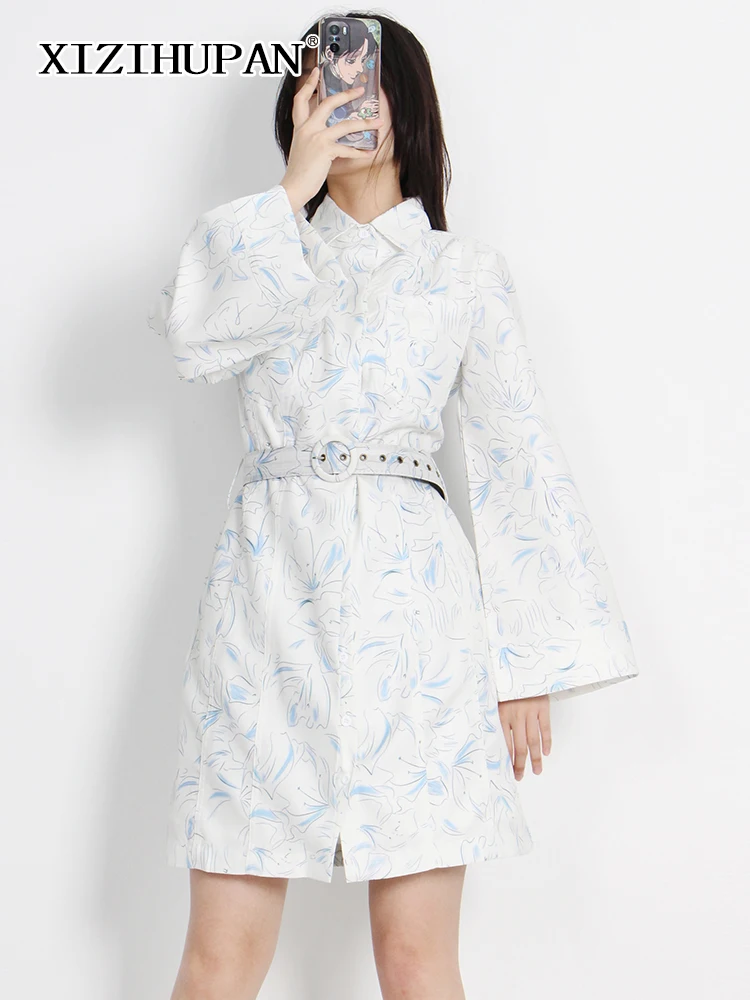 

XIZIHUPAN Casual Print Dress For Women Lapel Collar Loose Long Sleeve Sashes Lace Up High Waist Mini Dresses Female 2022 Clothes
