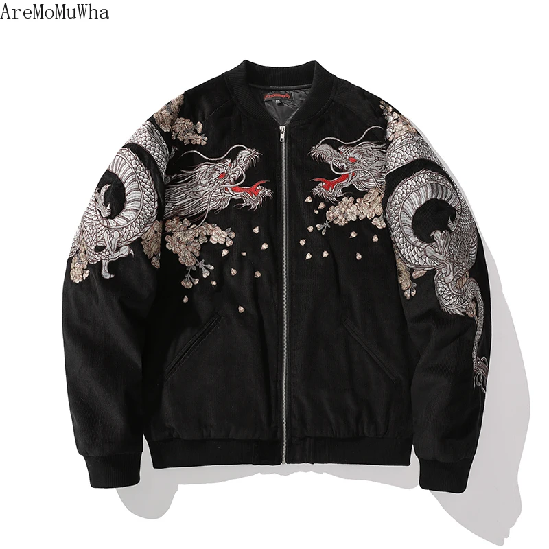 New Heavy Industry Dragon Embroidery Men's Corduroy Cotton Shirt Cotton Suit Hengshu He Coat Vintage Cotton Jacket Stand Collar