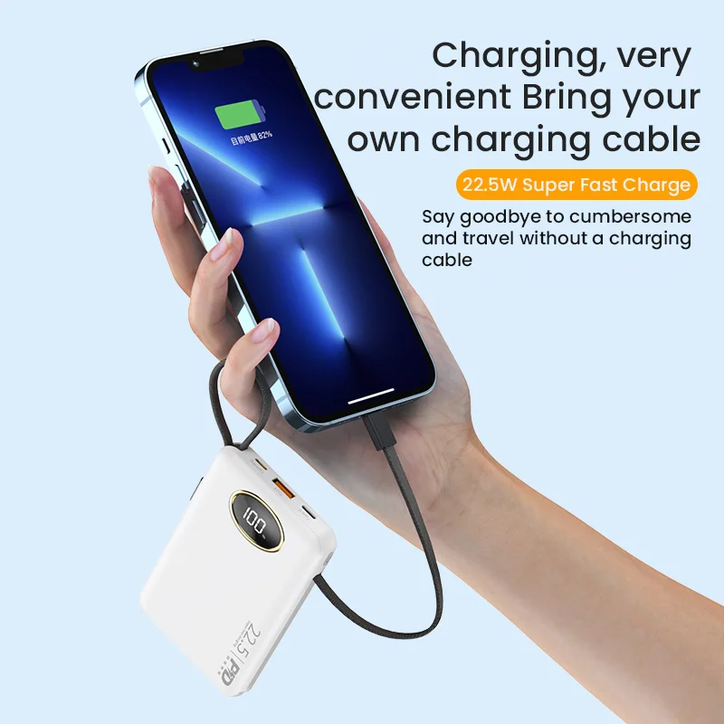 Портативный внешний аккумулятор большой емкости 20000 мАч с кабелем USB C 22 5 Вт