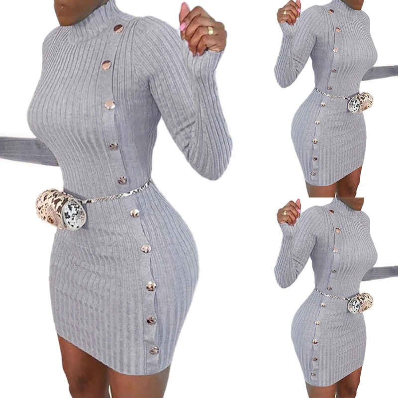 

Женское модное однотонное привлекательное облегающее однобортное платье с высоким воротником и длинным рукавом серого цвета