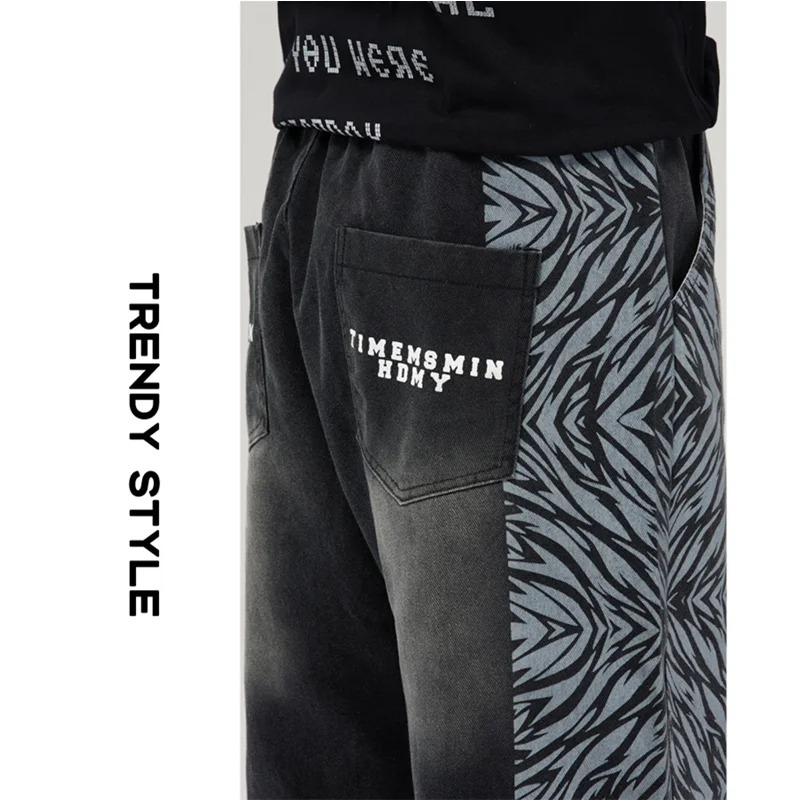 Streetwear Men Patchwork Leopard Print Recreational Jeans Sense of Design Vintage Black Printing Straight Pants Autumn Female