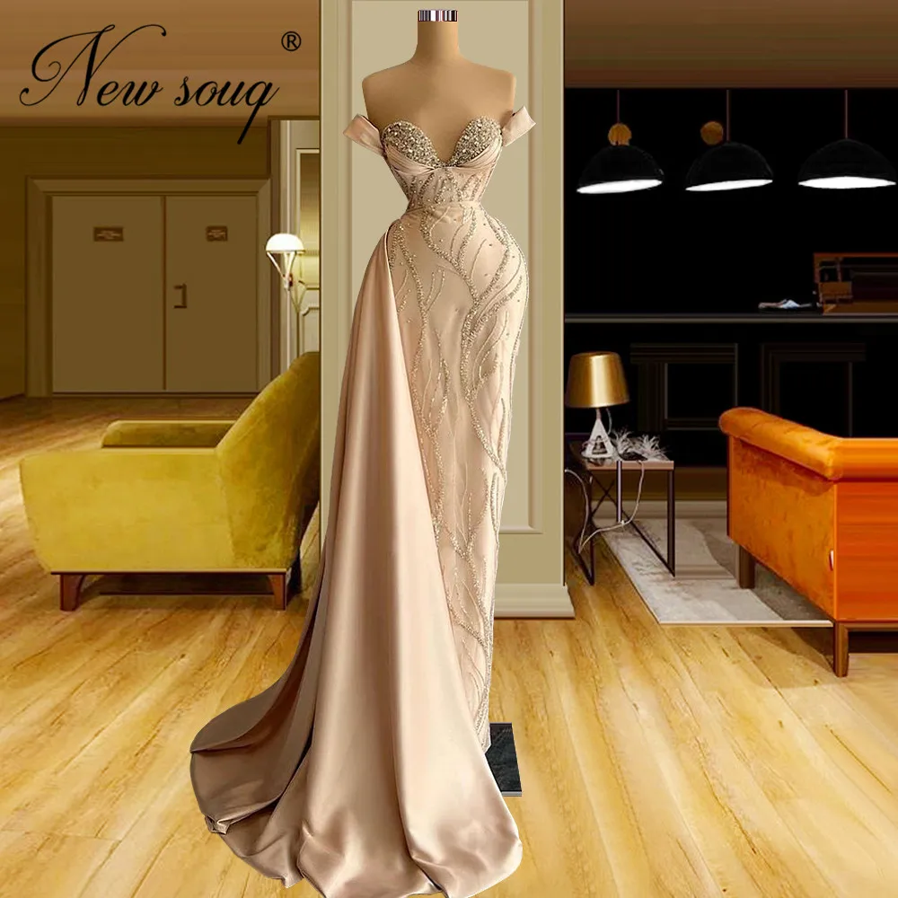 

Haute Couture Beads Satin Celebrity Dresses Robes De Soiree Off Shoulder Evening Party Dresses Dubai Crystals Formal Prom Gowns