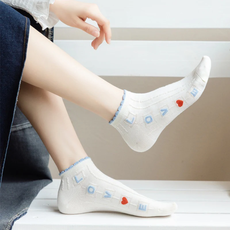 10 Pairs Print White Socks Women Kawaii Summer Short Mesh Transparent Cotton Socks Ankle Happy Fish Net Sexy Thin Calzini Donna