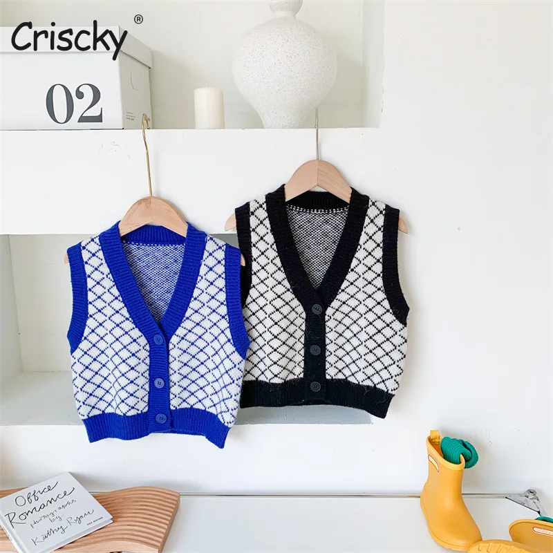 

Criscky Spring Autumn Girls Waistcoats Knitted Sweater Vest V Neck Plaid Vintage Sleeveless Children Outerwear Coats Knitwear