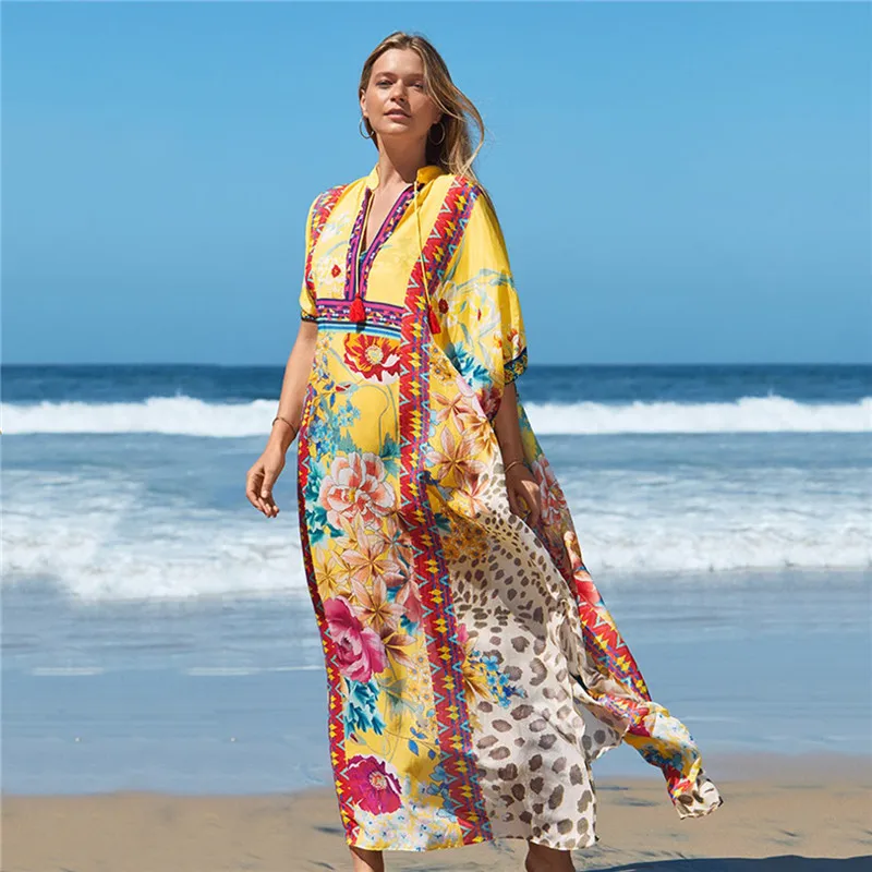 

Vintage Printed Kaftan Retro V-neck Bohemain Maxi Dress Women Clothes Summer Beach Wear Swim Suit Cover Up
