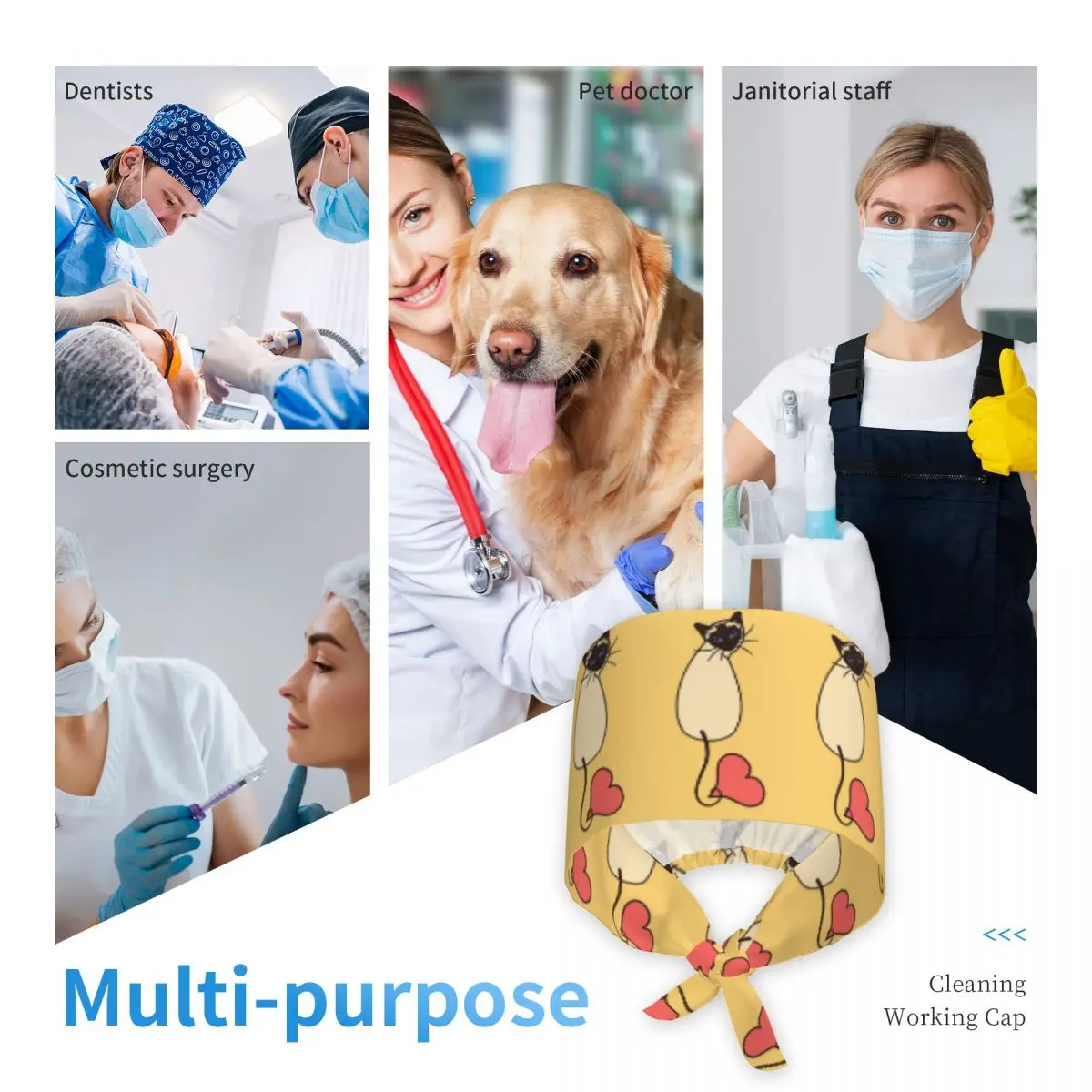 Шапка-кепка для врачей и медсестер с изображением сиамской кошки - желтая, регулируемая, унисекс, для стоматологов (art.: 3920db06ea008) - 3920db06ea008