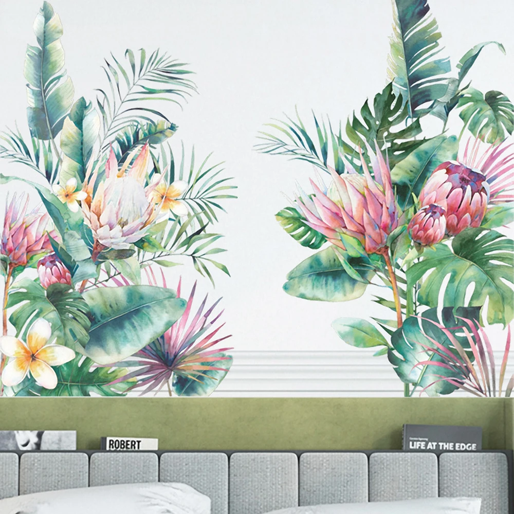 Pegatinas de hojas de plantas tropicales verdes, decoración de borde de pared, decoración de dormitorio, Mural de vinilo extraíble, calcomanías artísticas