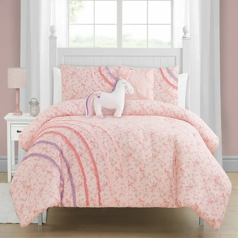 

Comforter Set PinkRainbow Ruffle Microfiber,Twin, 4 Piece For Adults