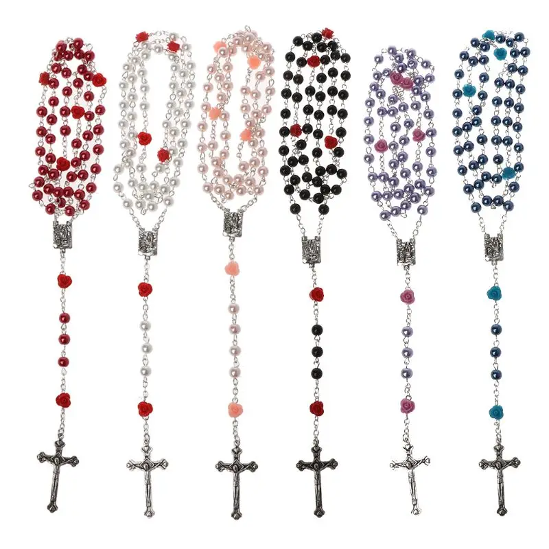 

Flower Pearl Rosary for Cross Pendant Necklace Catholicism Prayer Religious for Cross Jewellery for Family Elders Surpri