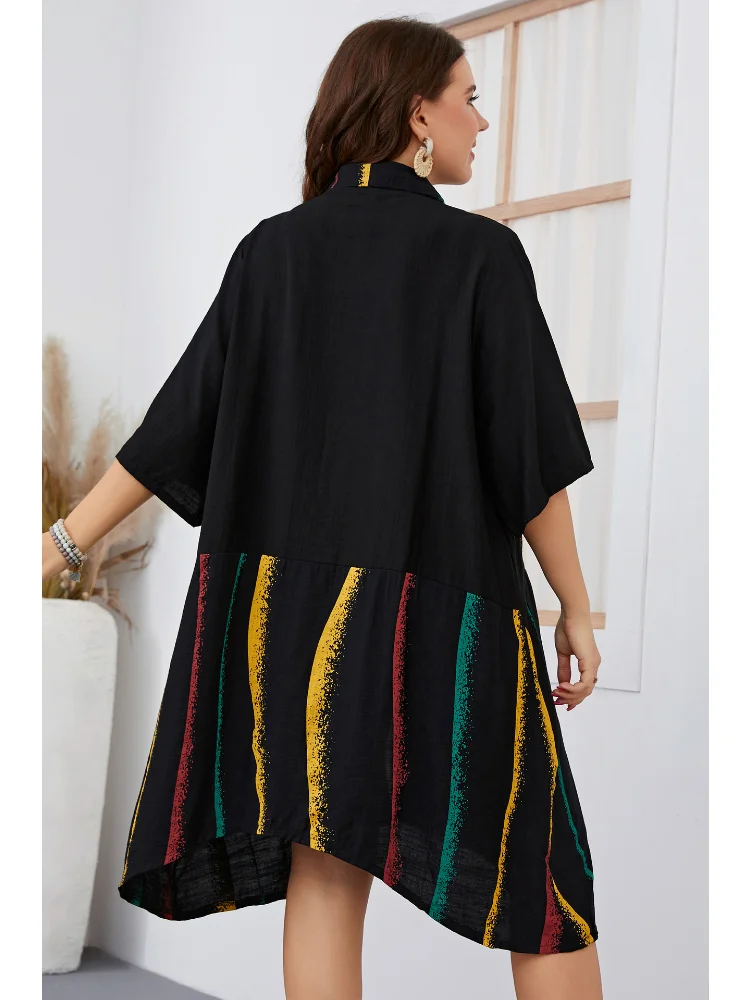 Black European temperament commuter solid color woven lapels women's large size half sleeve dress plus size dresses