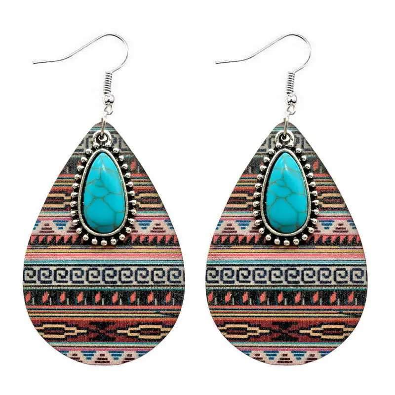 

Women's Earrings Wooden Aztec Pattern Turquoise Pendant Vintage Fashion Earrings
