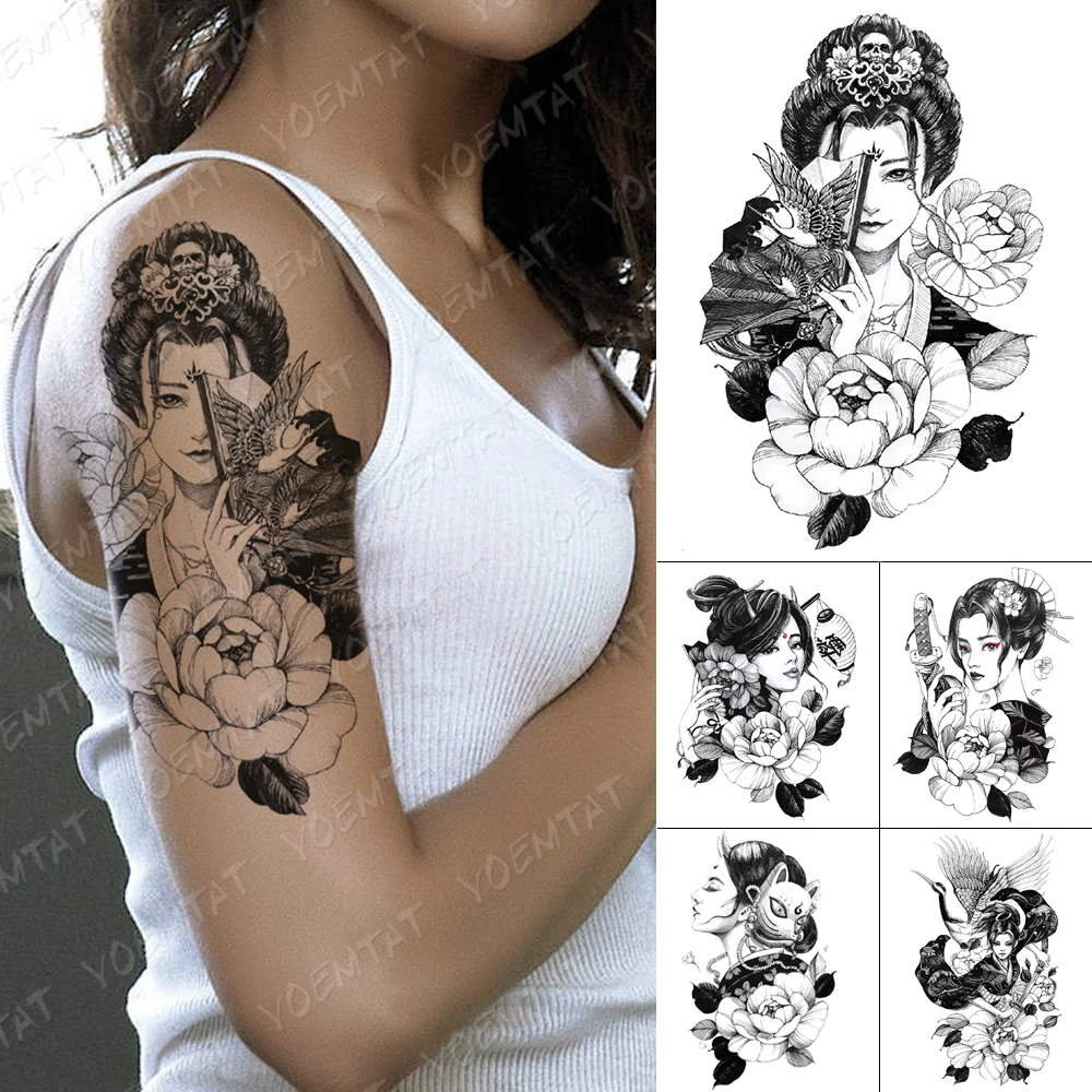 

Водостойкие временные тату-наклейки, красивые цветы, искусственные черные японские гейши, боди-арт на руку, Искусственные женские и мужские