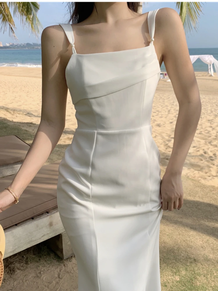 

Женское летнее шифоновое платье на бретельках, элегантное белое платье миди без рукавов, сексуальное облегающее пляжное платье, женская мо...