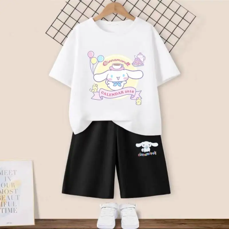 

Sanrioed Cinnamoroll летний комплект с коротким рукавом для девочек из чистого хлопка для детей среднего и старшего возраста Повседневный Спортивный комплект из двух предметов
