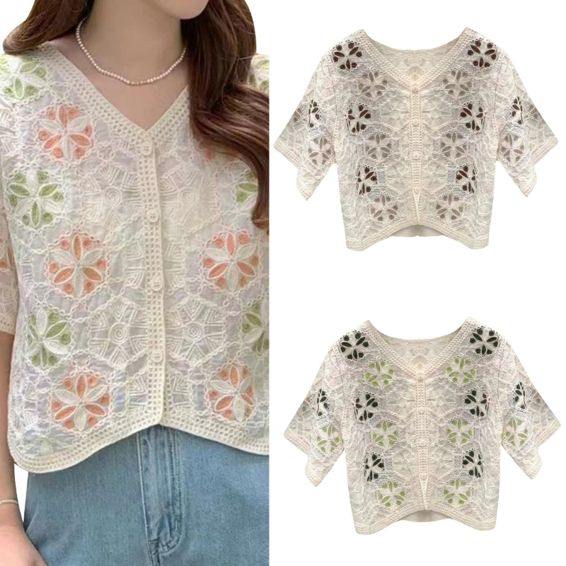 

Teens Short Sleeve Cropped Cardigan Bohemia Hollow-out Crochet Knit Top