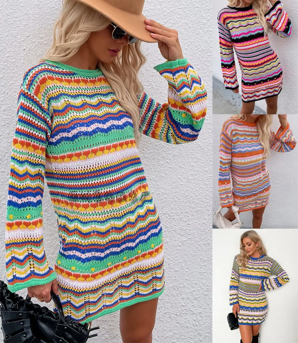 

Women's Clothing Dresses Autumn and Winter Temperament Commute Round Neck Sweater Rainbow Striped Pullover Mid-Length Sweater