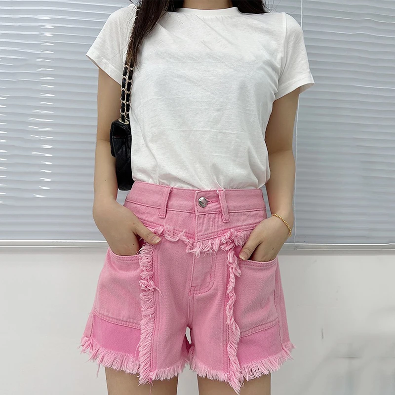 

Женские джинсовые шорты с бахромой, розовые прямые джинсовые шорты с необработанными краями и большими карманами, с высокой талией, лето 2022