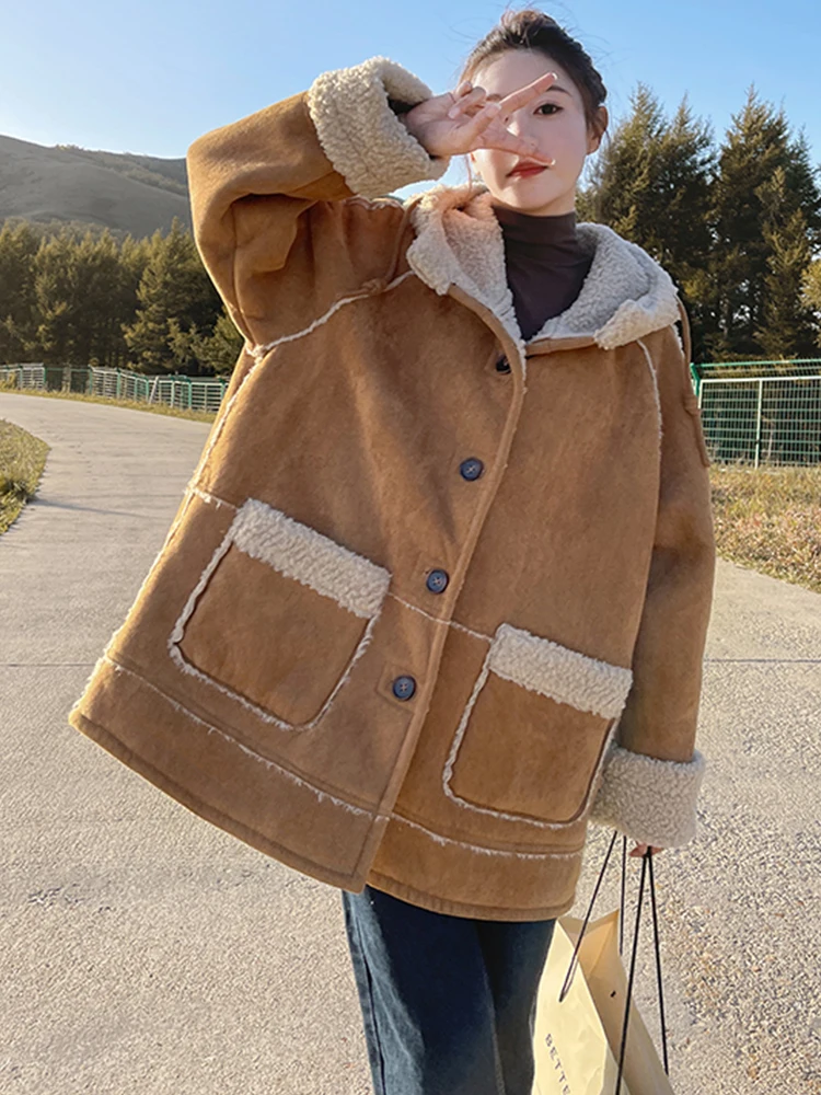 

Fitaylor/зимняя женская куртка-парка из овечьей шерсти с капюшоном, повседневное женское свободное однобортное пальто, женское толстое теплое ветрозащитное пальто