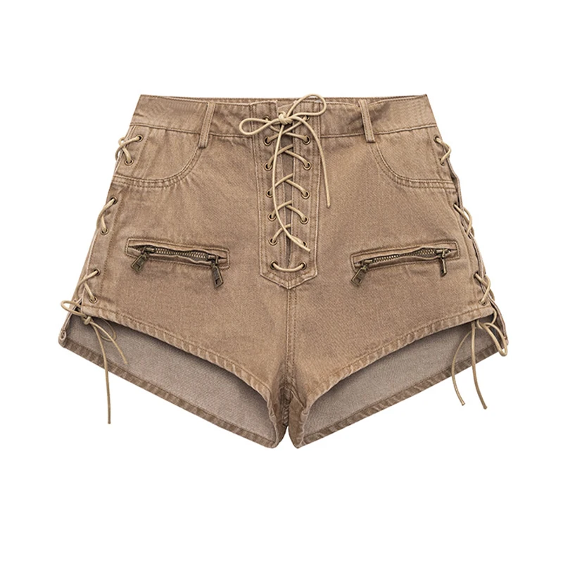 

Khaki Jeans For Women Denim Shorts Bandage Zipper Sexy Design Loose Solid Young Short Pants
