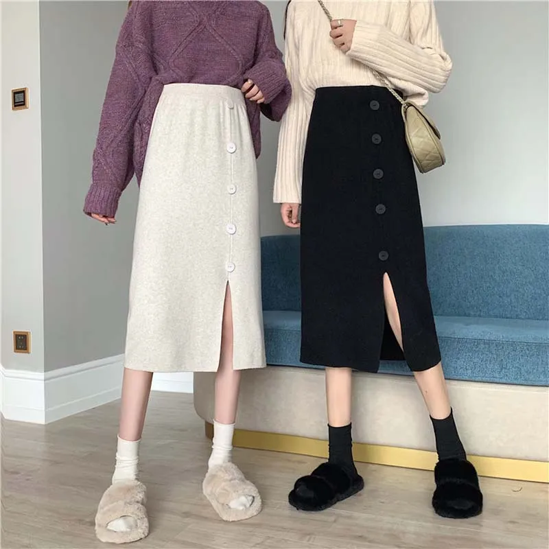 

Осень-зима раздвоенная вязаная юбка женская 2023 Новая мода с высокой талией толстая теплая юбка трапециевидной формы женская корейская элегантная юбка миди