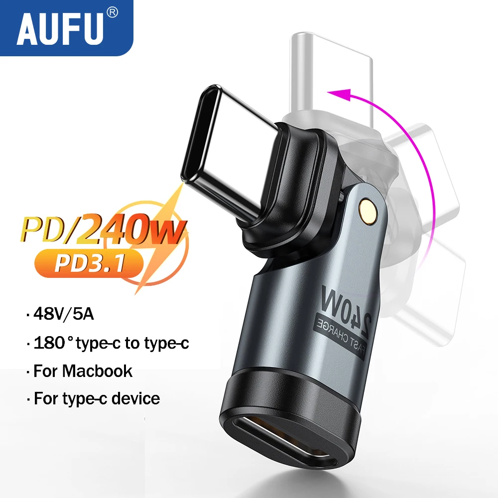 Адаптер AUFU 5A USB-C к OTG Type-C 240 Вт 180 ° Кабель-переходник для быстрой зарядки типа C