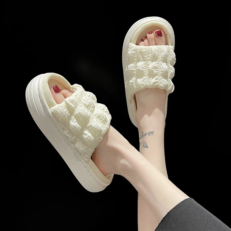 

2022 New Puff Slippers Women Summer Home Sandals Ladies Flip Flops Platform Linen Sole Slides Female Cozy Muffins Bathroom Shoes