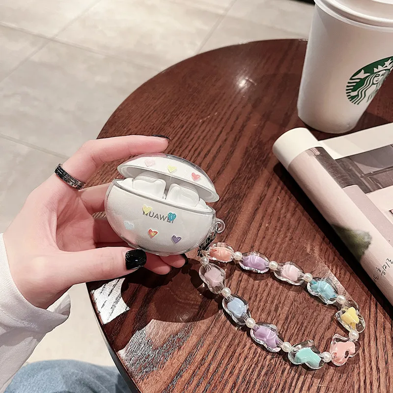 

Чехол для huawei freebuds 4i, прозрачный чехол с милым мультяшным любовным сердцем для freebuds 3 4 4E pro, чехол для наушников с браслетом в виде сердца