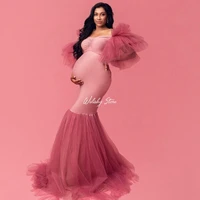 blush pink off shoulders stretchy mermaid maternity dresses puffy ruffled sleeve tulle dress a line tulle bottom long party gown