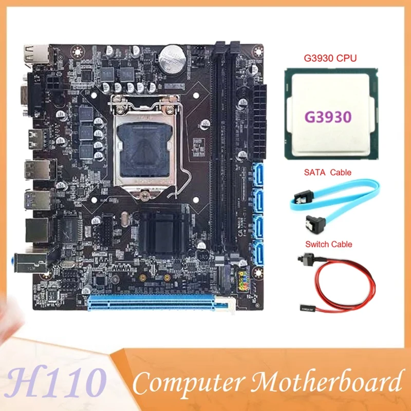 

H110 Computer Motherboard Supports LGA1151 6/7 Generation CPU Dual-Channel DDR4 Memory+G3930 CPU+SATA Cable+Switch Cable