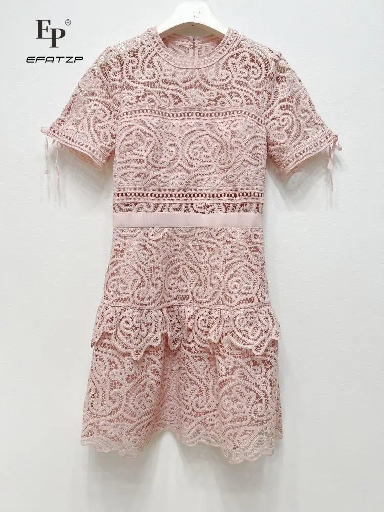 

EFATZP Women Lace Mini Dresses 2022 Summer New Arrive Pink Short Sleeve Hollow Out Embroidered Lady Dress