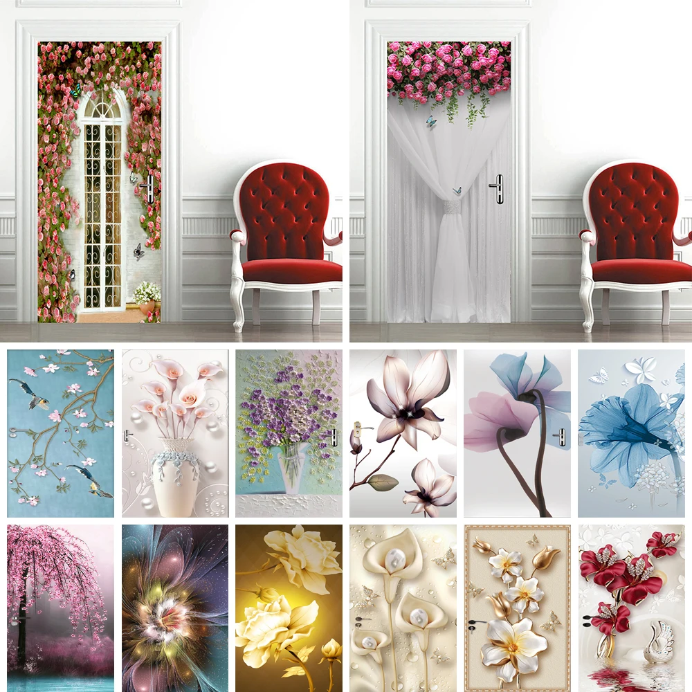 

Flower Door Sticker 3D Wallpaper Adhesive Romantic Rose Bedroom Wall Decor Poster Art Mural Fridge Door Cover Wardrobe Cabinet