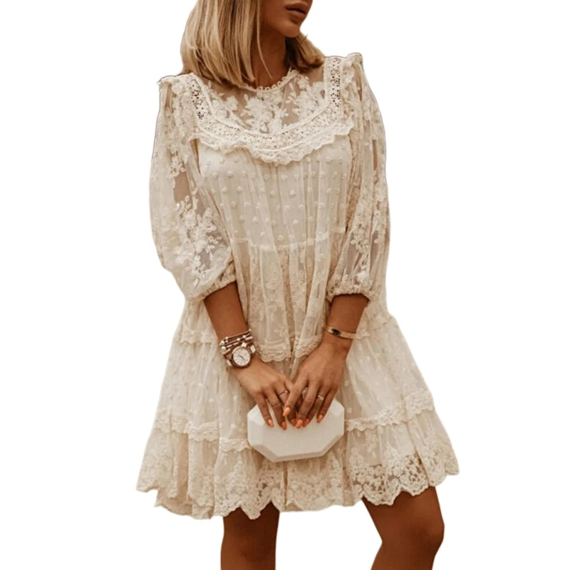 

CPDD женское платье с пышными рукавами и цветочным кружевом, сращивающееся в швейцарский горошек ТРАПЕЦИЕВИДНОЕ мини-платье с оборками