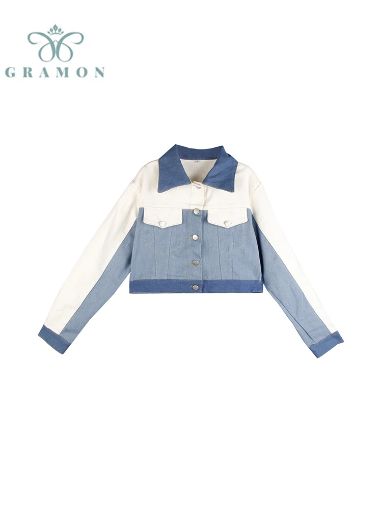 

Denim Jacket Women Fashion Contrast Colors Lapel Crop Top 2022 Autumn New Design Single Breasted Jean Coat Female Casual Outwear