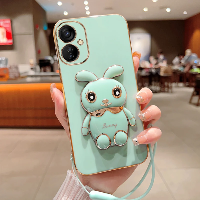 

Phone Case for Infinix Tecno Spark 9T Luxury Plating Square Rabbit Holder With Landyard Protection Phone Case Back Cover