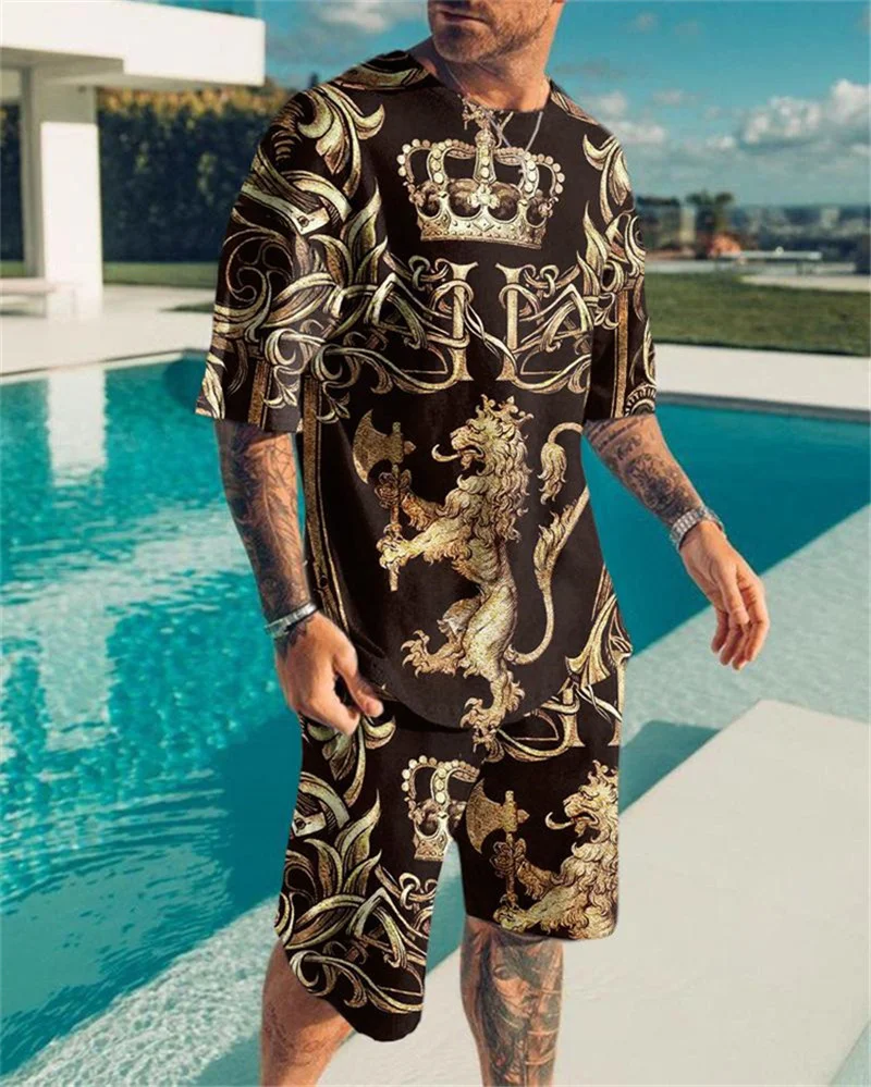 

Men's Summer Oversized Sports Suit Short Sleeve Lion Crown Printing T-shirt Jogger Clothing Tracksuit Hawaii 2 Piece Set