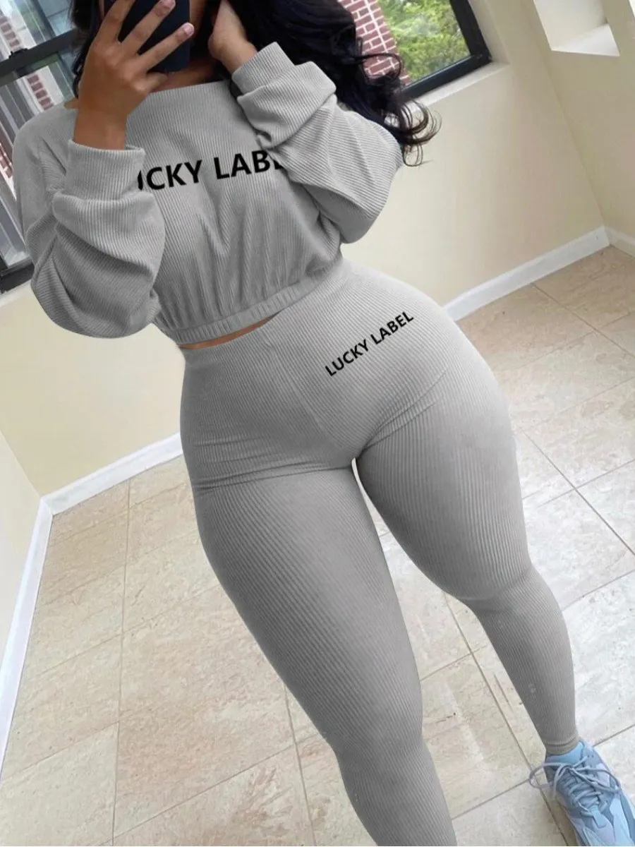 

LW Fall Outfits Women Sportswear O Neck Letter Print Long Sleeve O-Neck Solid Two Piece Pants Set Streetwear Female Tracksuit