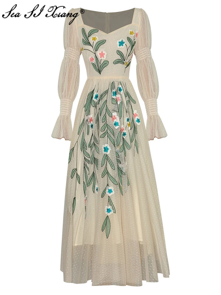 

Seasixiang Fashion Designer Spring Summer Mesh Dress Women Square Collar Flare Sleeve Flowers Embroidery Vintage Party Dresses